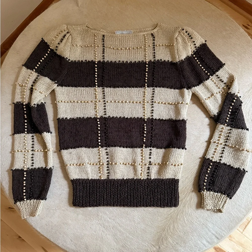Chocolate Brown and Cream Striped Sweater w tiny wooden beads- Vintage Nannell - Picture 3 of 15